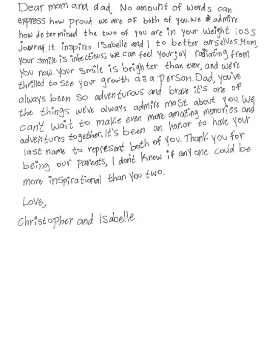 Handwritten letter from Christopher and Isabelle to their parents, thanking them for their inspiring weight-loss journey.